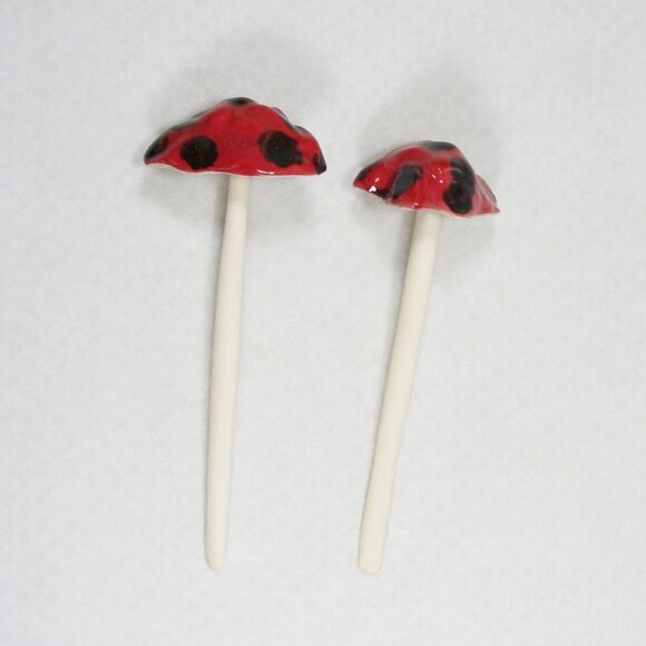 Garden Mushroom 2 Pottery Outdoor Decorations Handmade Polka Dot Fairy - Picture 2 of 6
